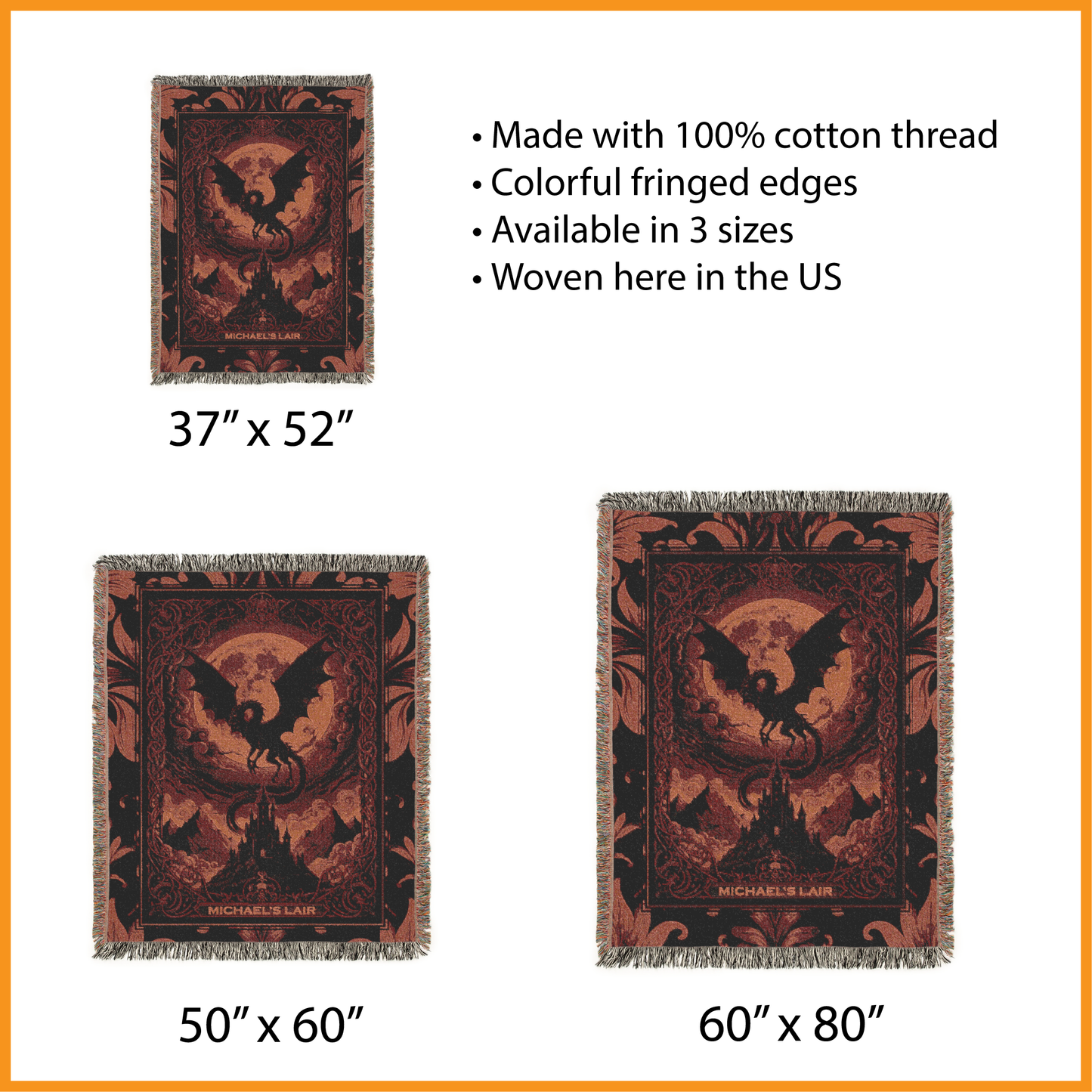 Personalized Dragon Lair Woven Blanket, Custom Name Fantasy Tapestry, Gothic Dark Academia Jacquard Throw, Fantasy Creature Lover Gift