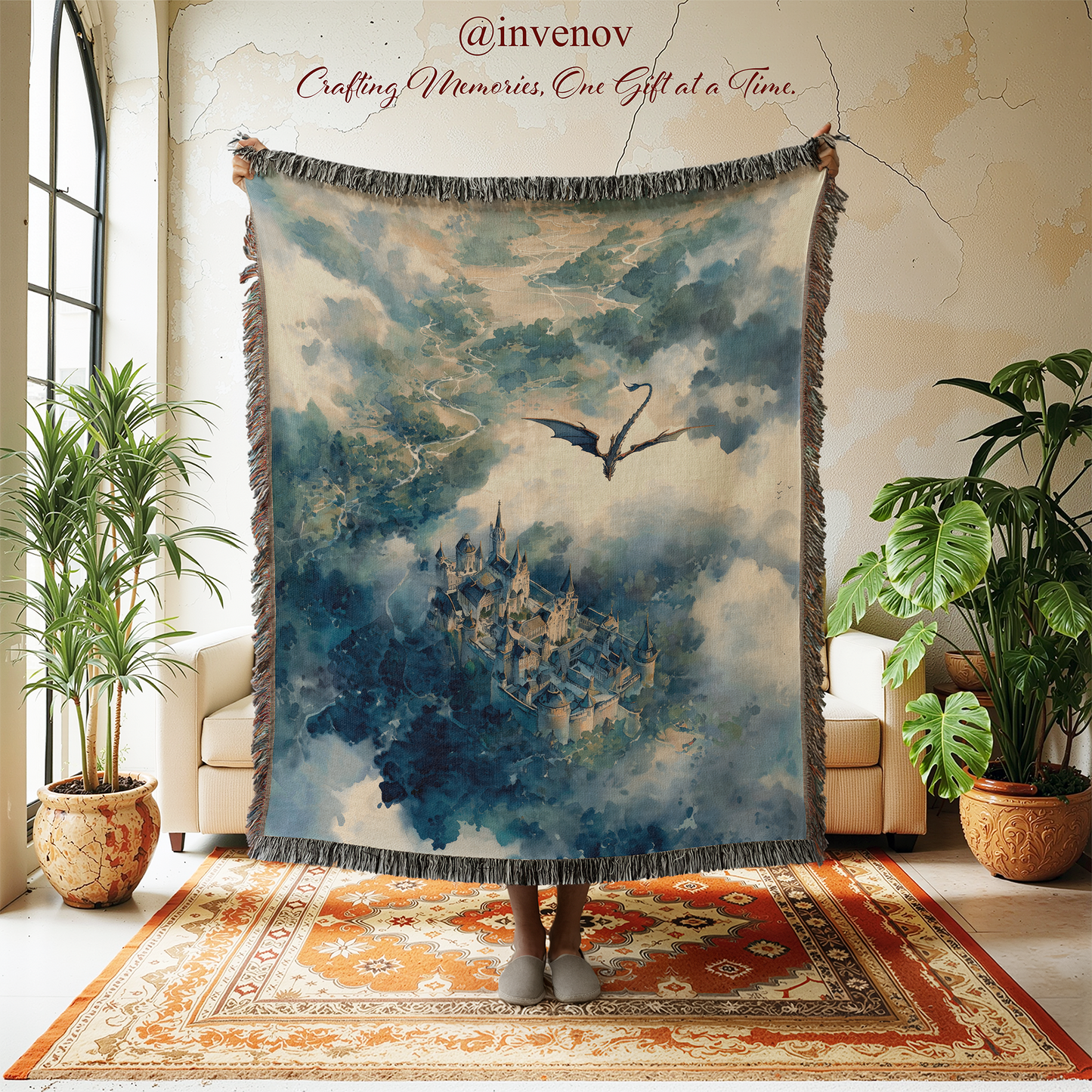 Decorative tapestry with a dragon and castle design hanging in a room with plants and furniture.