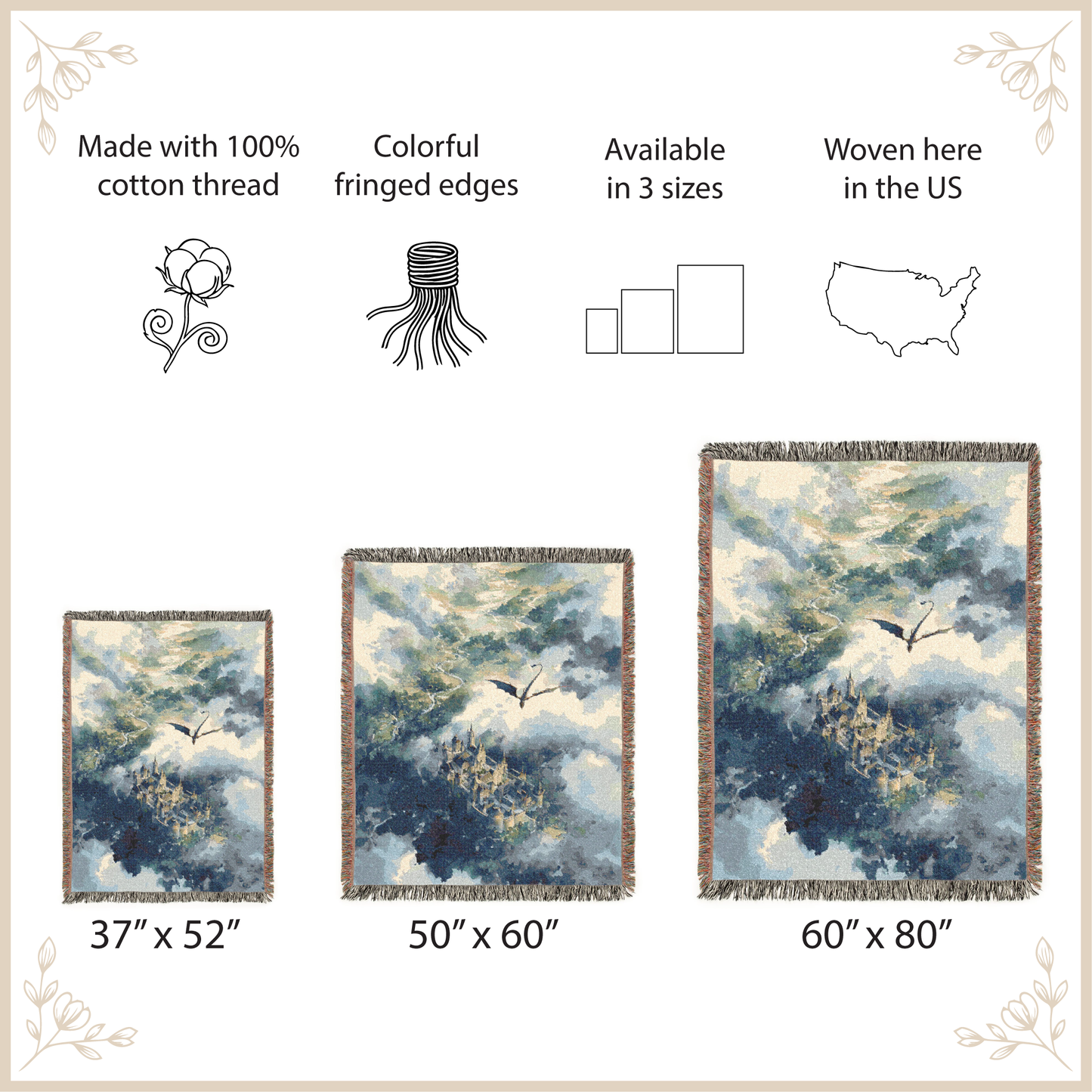 Woven blanket with cloud and dragon design, displayed in three sizes with product details.