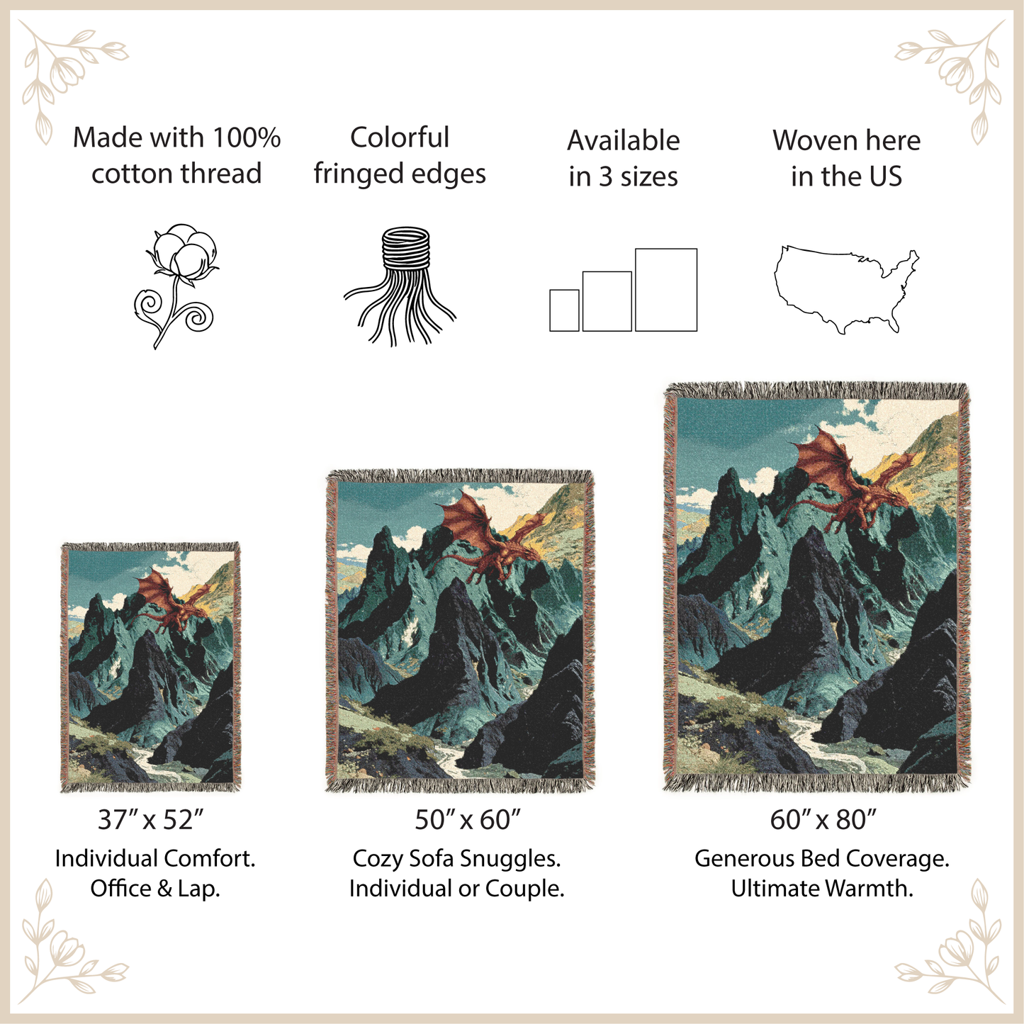 Woven blanket with mountain design, size options, and features listed.