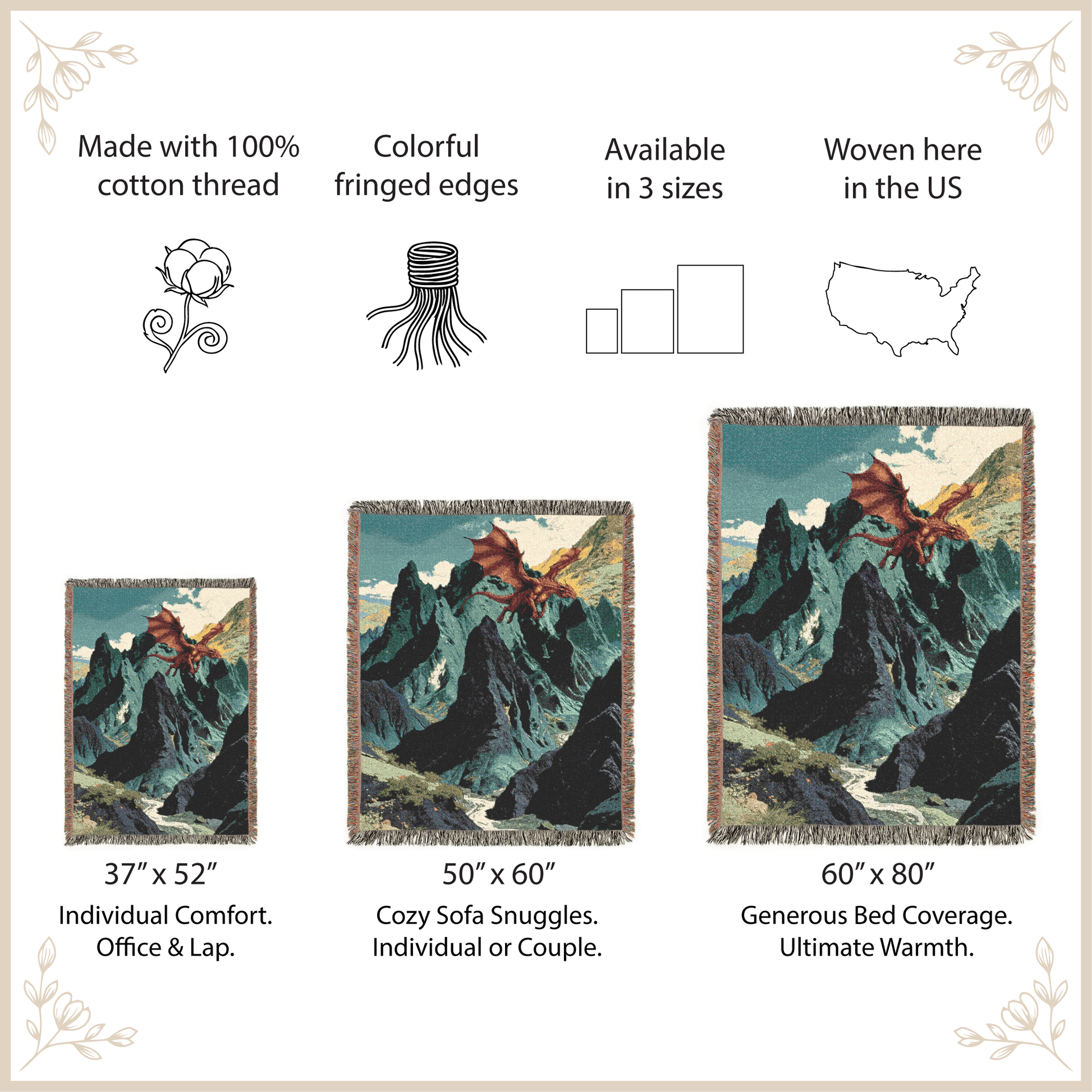 Woven blanket with mountain design, size options, and features listed.
