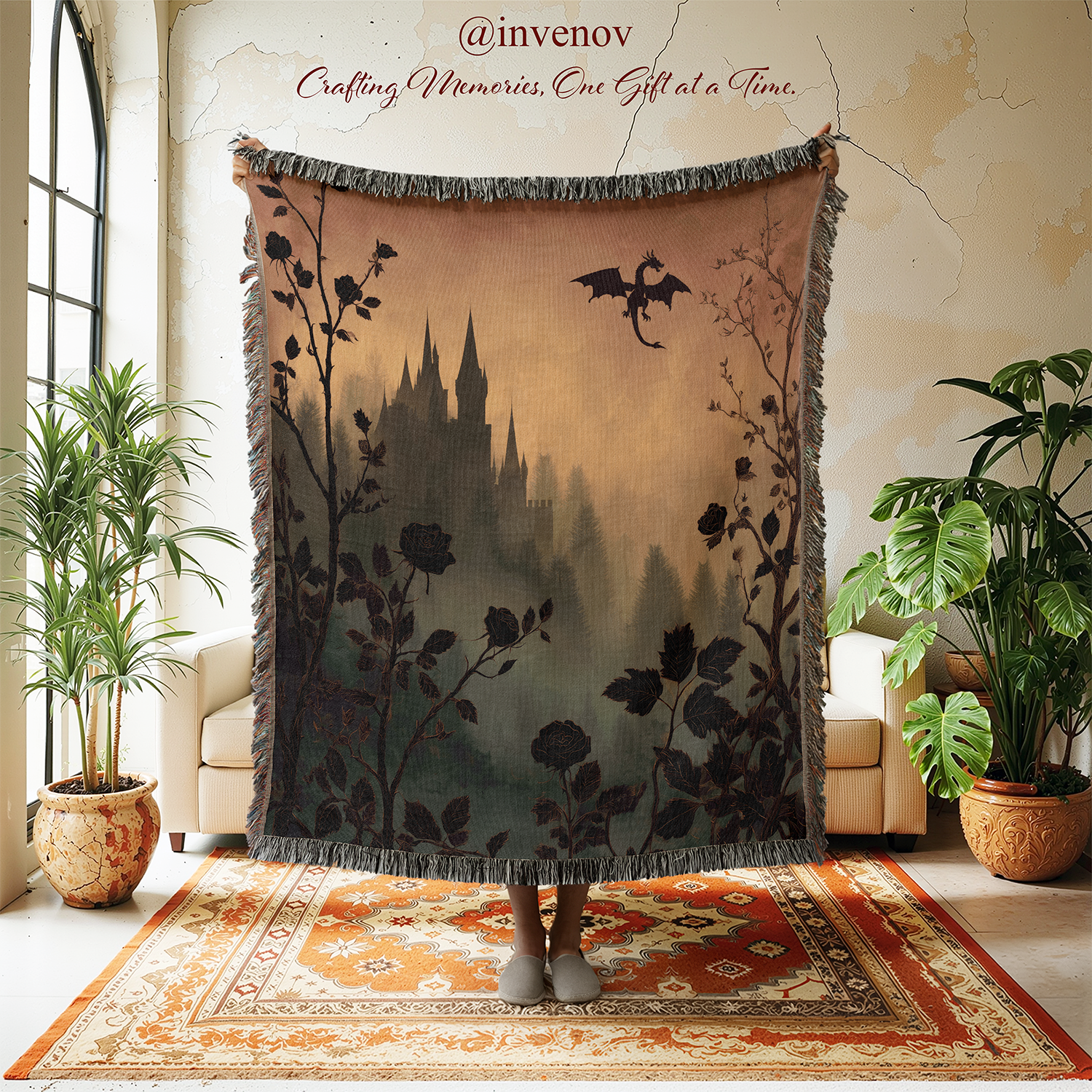 Decorative blanket with castle and dragon design draped over a person in a room with plants and a rug.