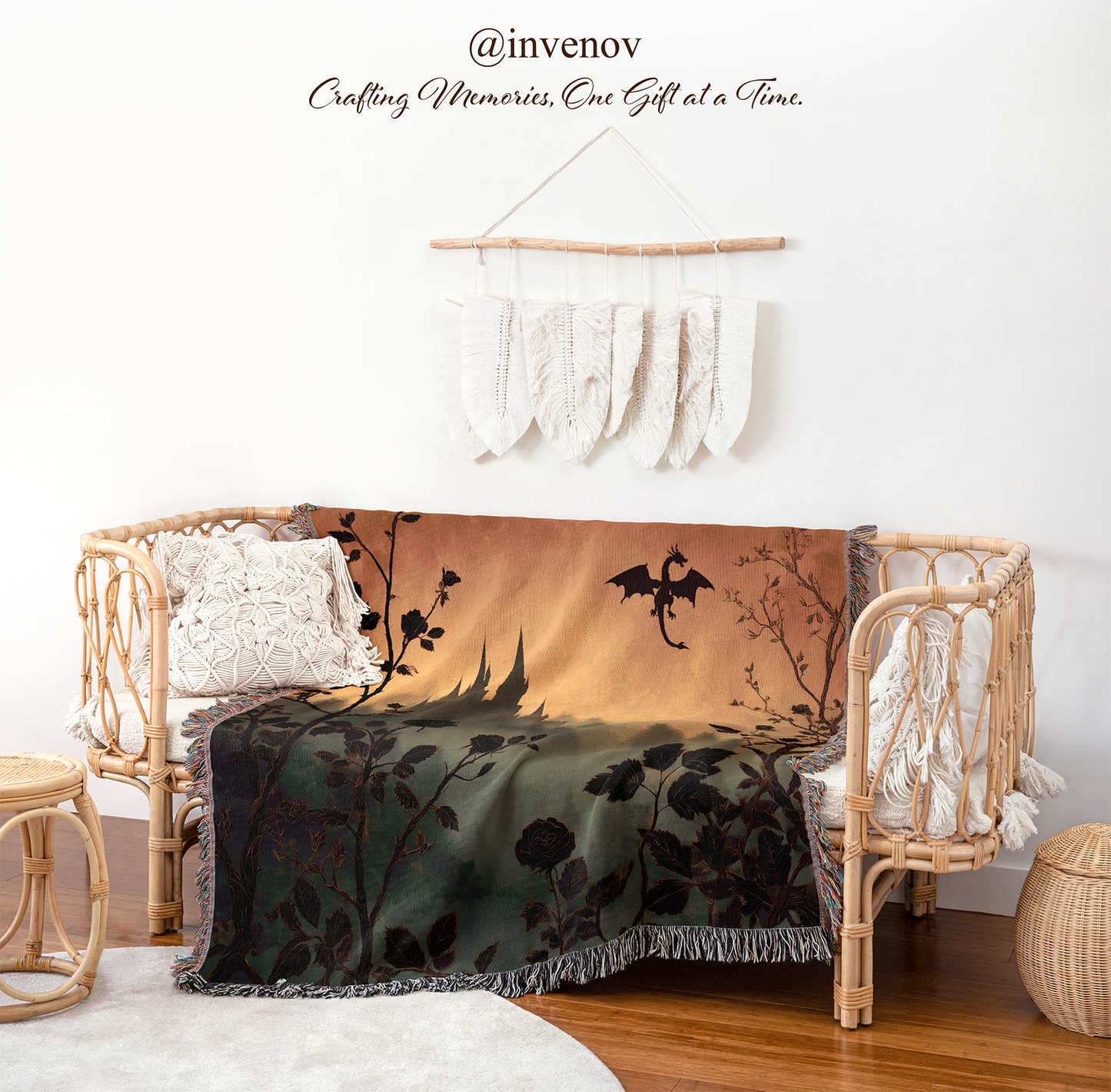 Wicker crib with decorative blankets and a dreamcatcher against a white wall