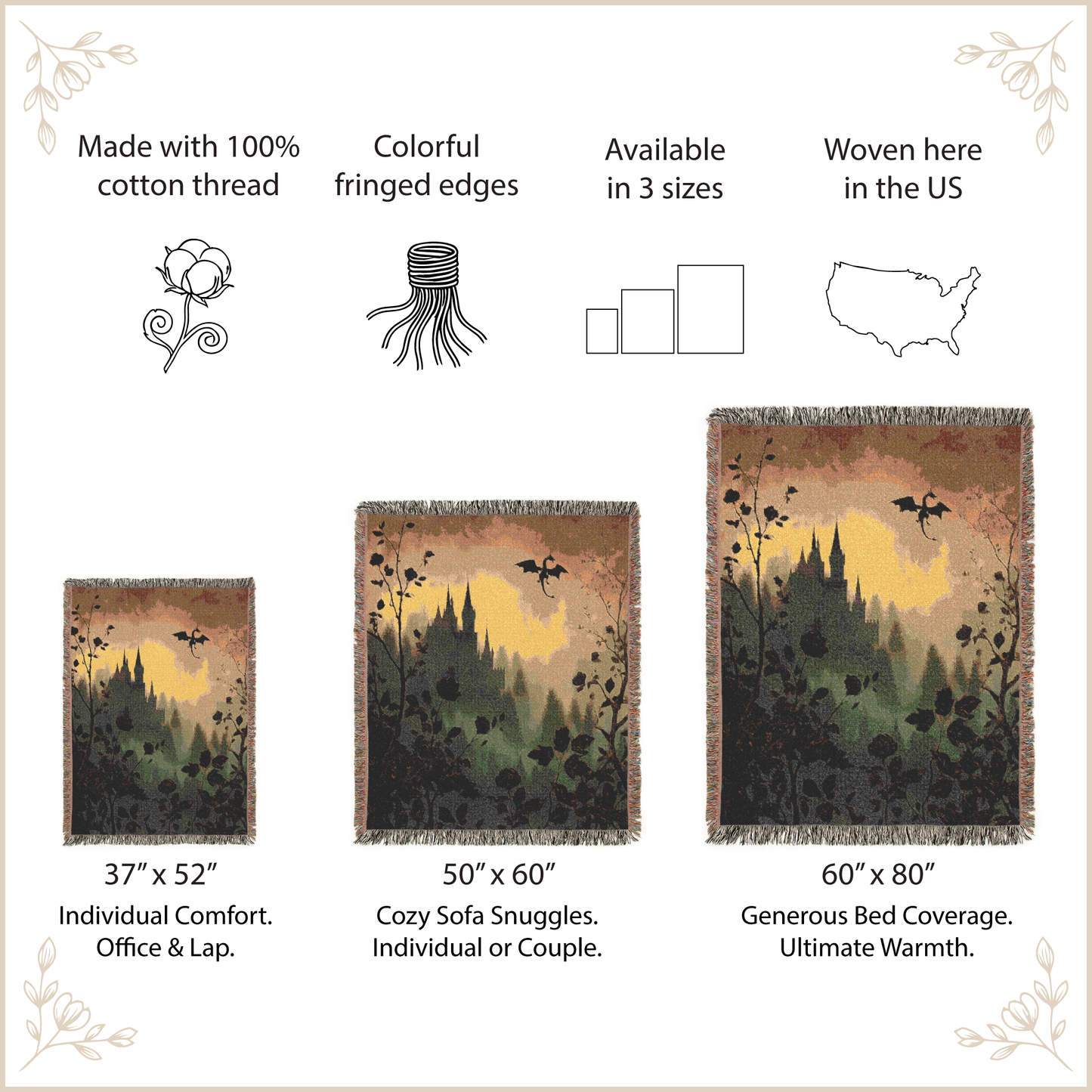 Woven blanket with scenic design, size options, and features listed on a decorative background.