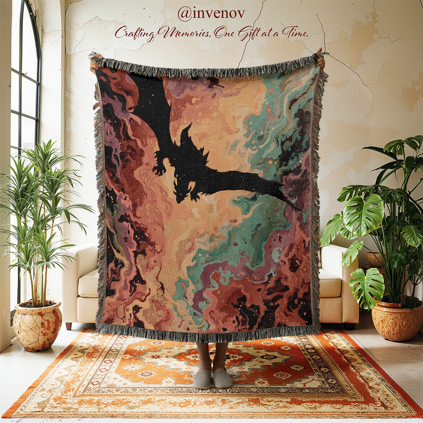 Decorative blanket with dragon design in a room with plants and furniture.