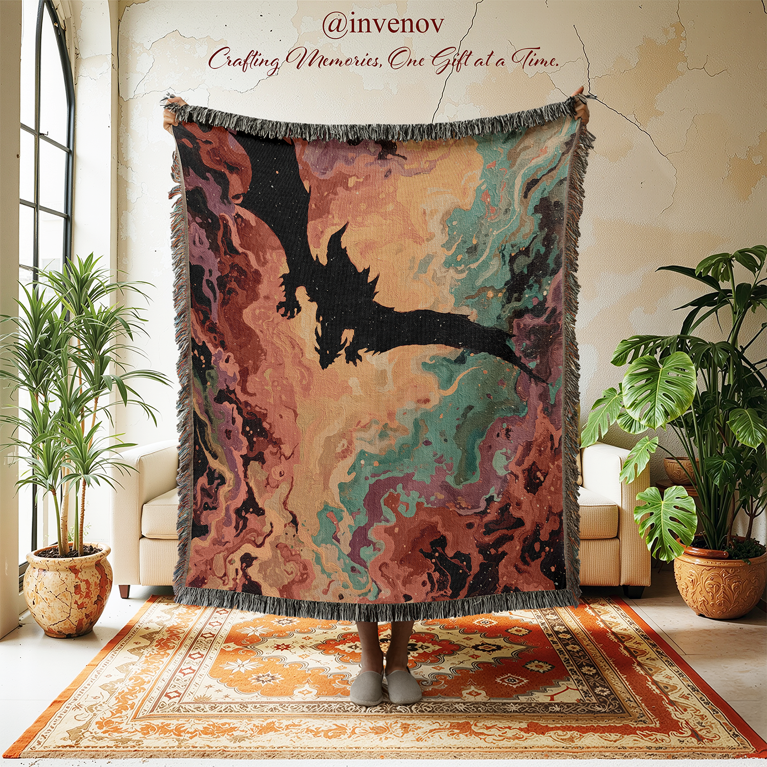 Decorative blanket with dragon design in a room with plants and furniture.