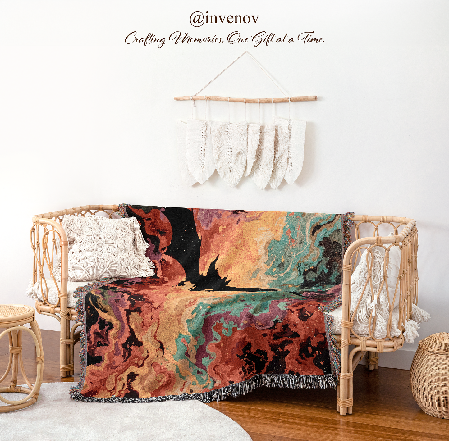 Colorful abstract tapestry draped over a wicker chair