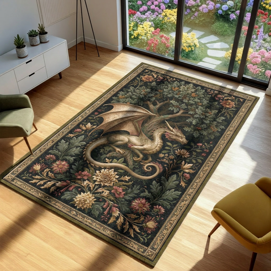 Decorative rug with a dragon design on a wooden floor in a room with a garden view.