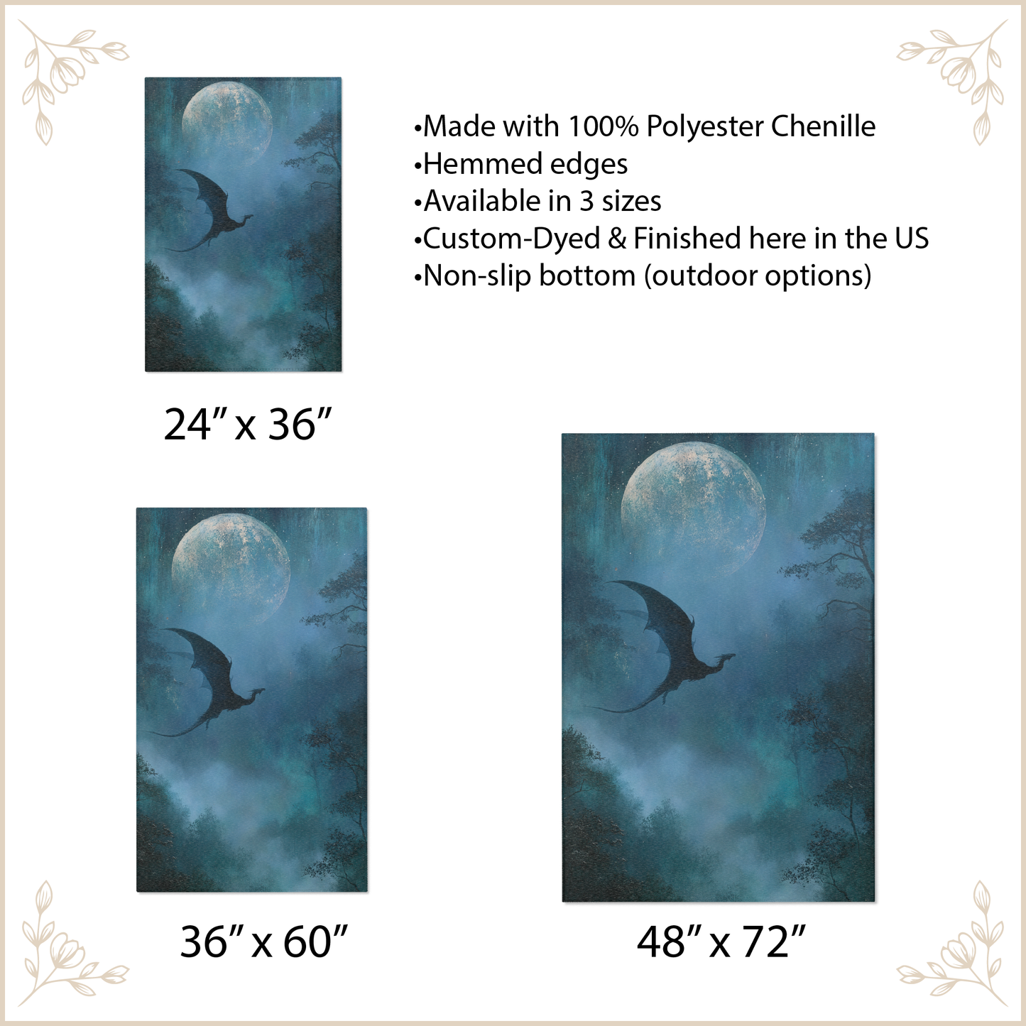 Area rug with dragon designs with size options and features