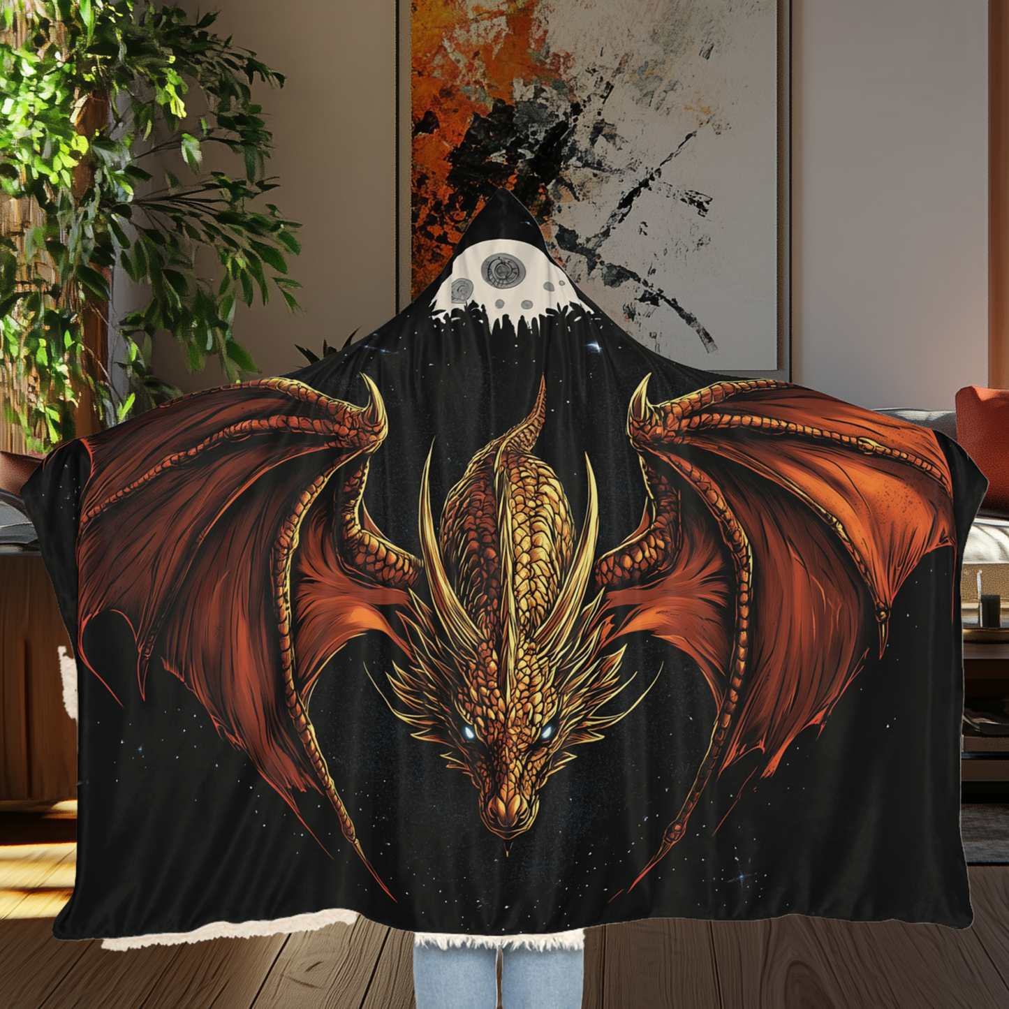 Dragon Hooded Snuggle Blanket, Golden Dragon Design, Fantasy Sherpa Blanket, Microfiber Fleece Throw, Cosy Hoodie Blanket, Dragon Lover Gift