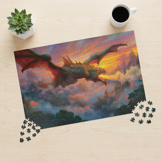 Fantasy Dragon Jigsaw Puzzle, Epic Sunset Flying Beast, Mythical Creature Art Game, Adventurecore Gift for Gamer, Hobby Brain Teaser