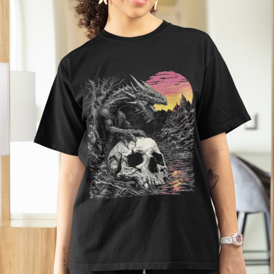 Dragon Fantasy Adventure Tee, Dragon and Skull Shirt, Mythical Creature Graphic Shirt, Gothic Sunset Dragon Tshirt, Dragon Lover Gift