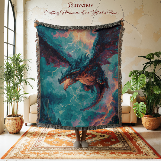 Dragon tapestry in a room with plants and furniture.