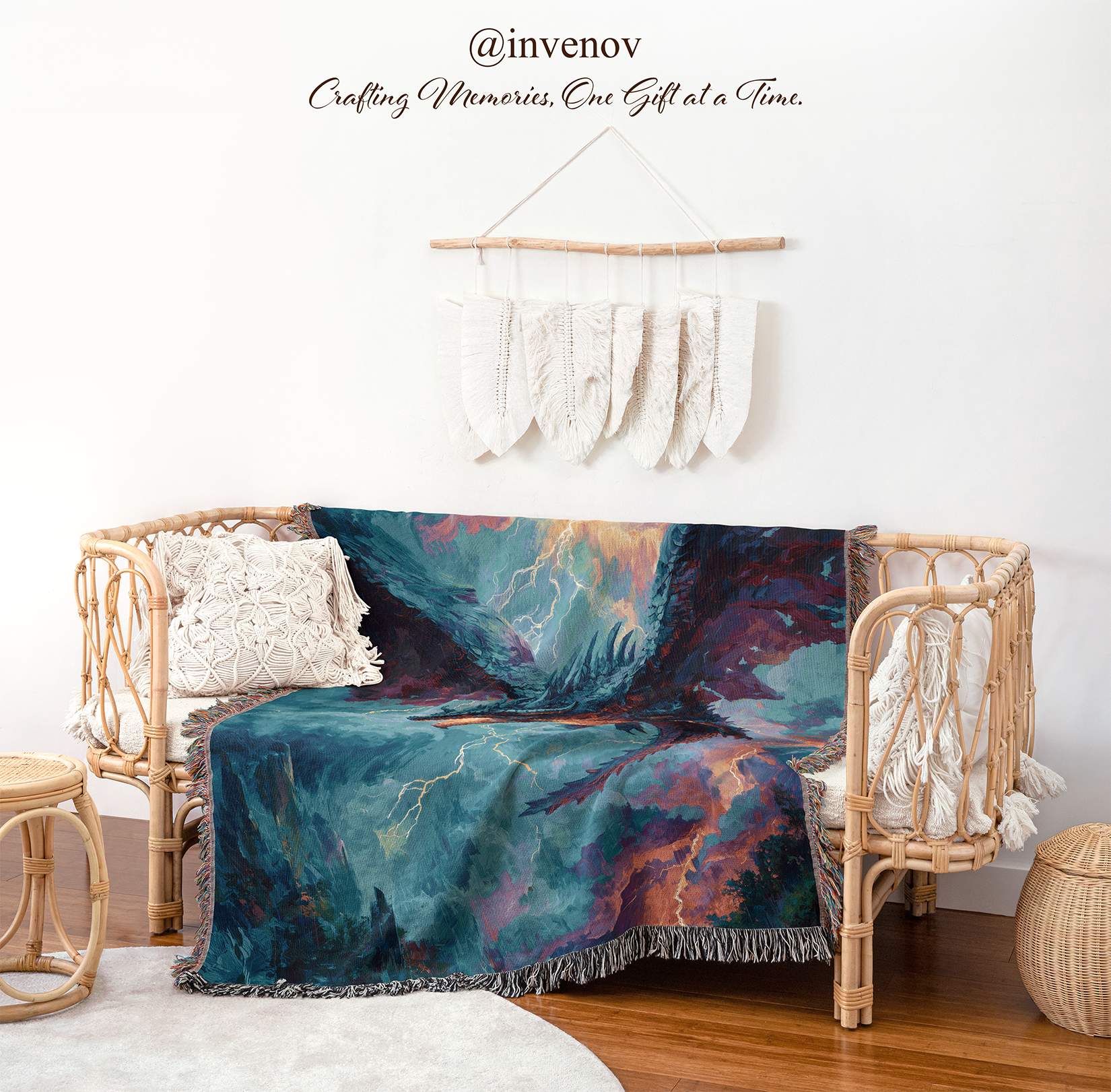 Colorful abstract throw blanket draped over a wicker chair with decorative elements in the background.