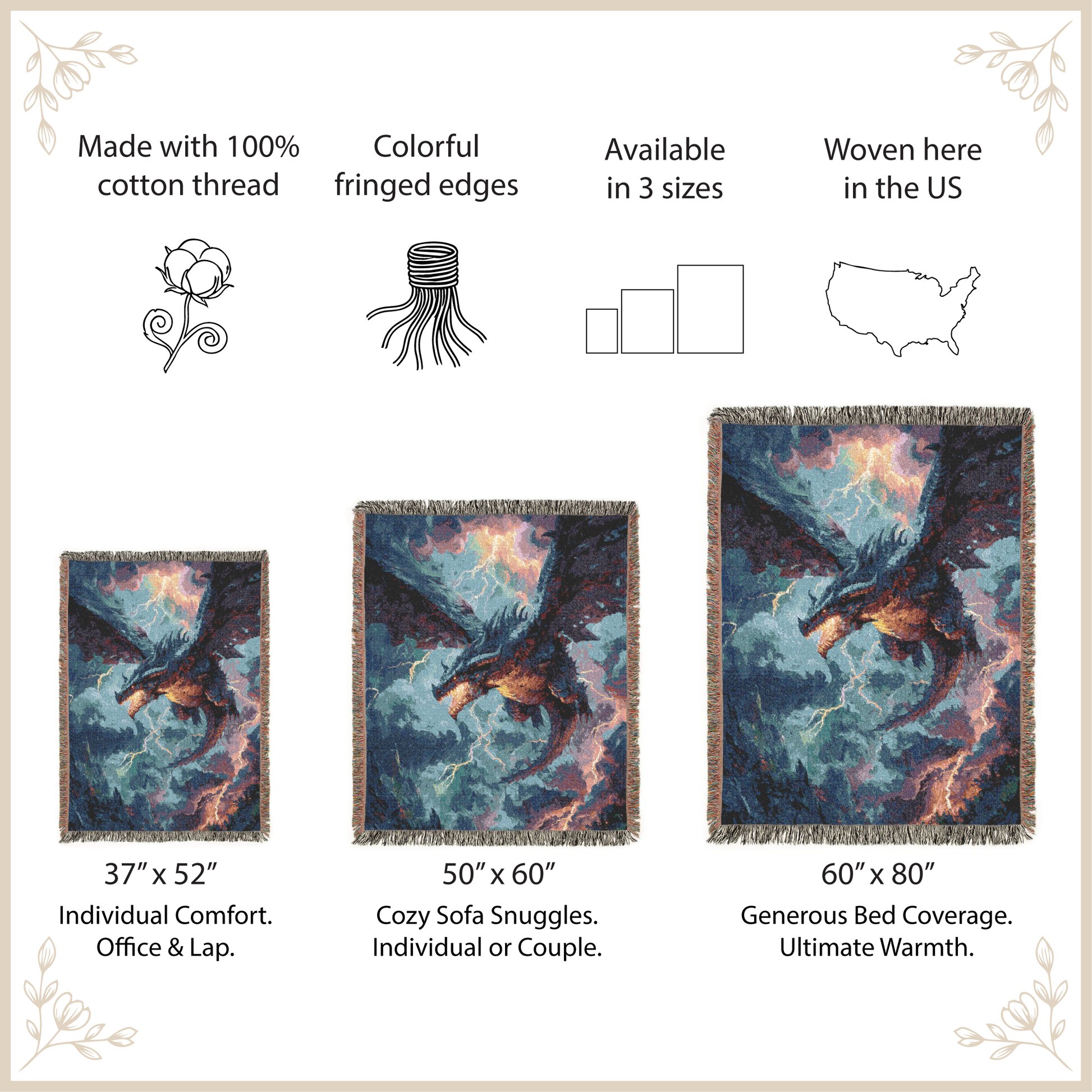 Dragon-themed woven blanket with size options and features listed.