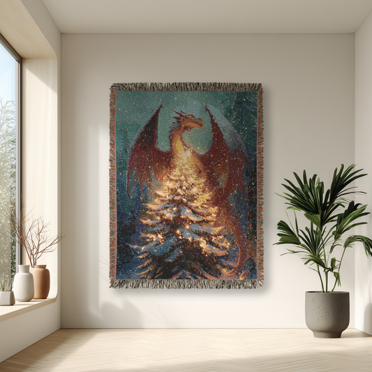 Dragon Fantasy Christmas Woven Blanket, Fly Dragon Vibrant Colorful Tapestry Throw, Gift for Fantasy Lovers, Bed Sofa Xmas Home Decor