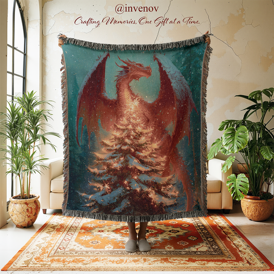 Dragon tapestry in a room with plants and furniture.