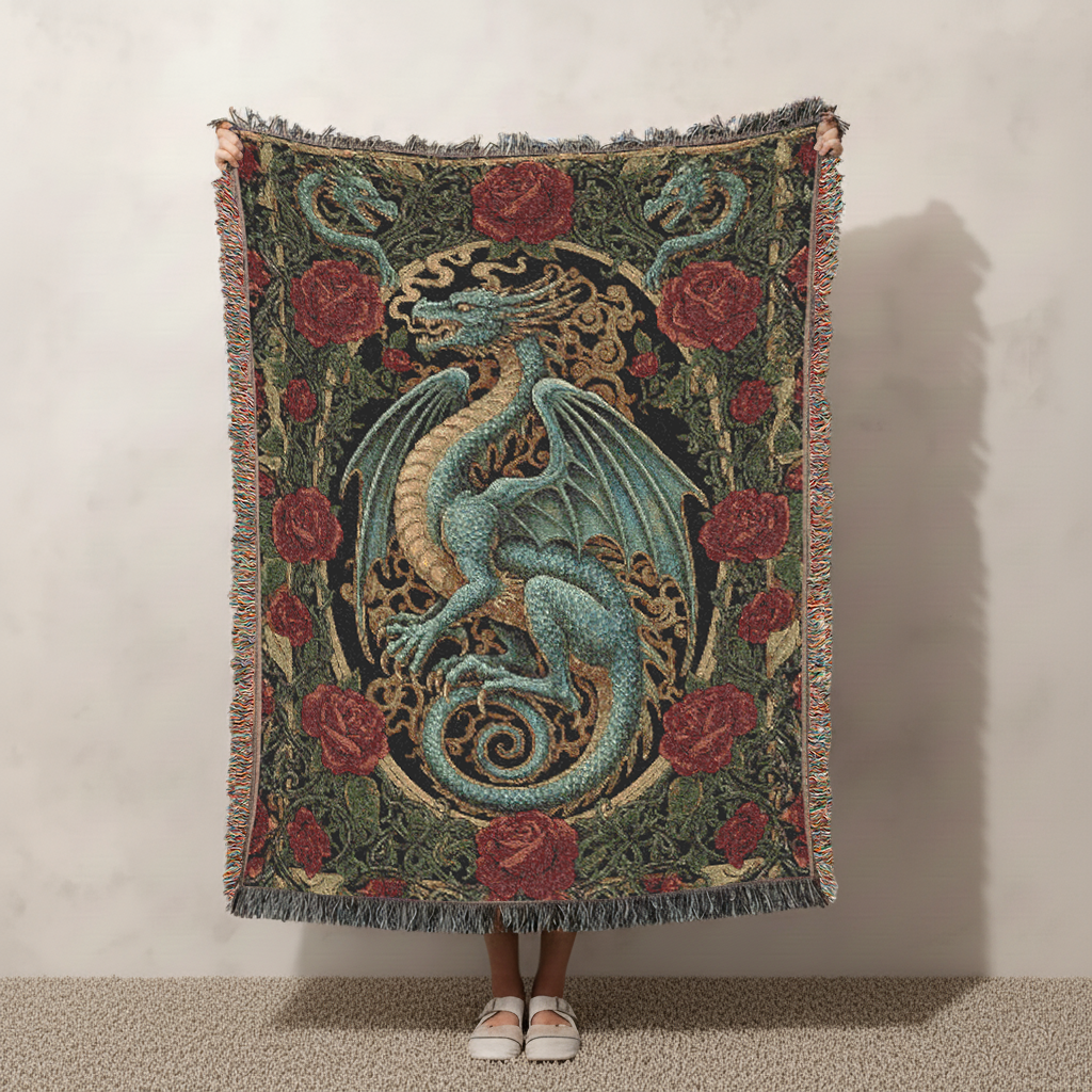 Dragon Woven Blanket, Gothic Tapestry Wall Hanging, Fantasy Art Jacquard Throw Red Roses, Dark Academia Medieval Decor, Mythical Creature