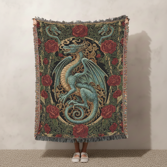 Dragon Woven Blanket, Gothic Tapestry Wall Hanging, Fantasy Art Jacquard Throw Red Roses, Dark Academia Medieval Decor, Mythical Creature