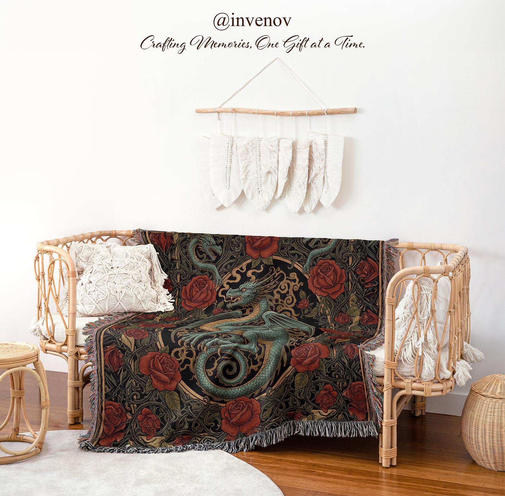 Decorative blanket with floral patterns draped over a wicker chair