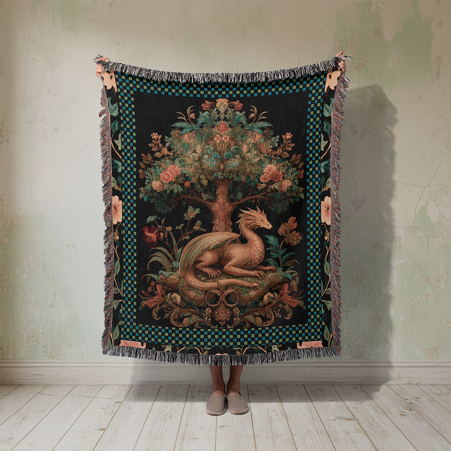 Dragon Woven Blanket, Medieval Tapestry Wall Hanging, Tree of Life Jacquard Throw, Dark Academia Fantasy Decor, Mythical Creature Gift