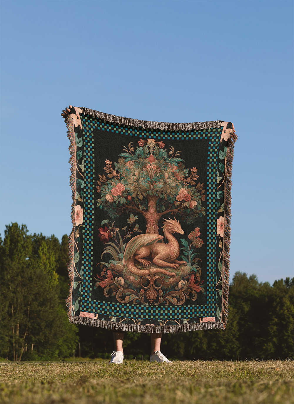 Dragon Woven Blanket, Medieval Tapestry Wall Hanging, Tree of Life Jacquard Throw, Dark Academia Fantasy Decor, Mythical Creature Gift