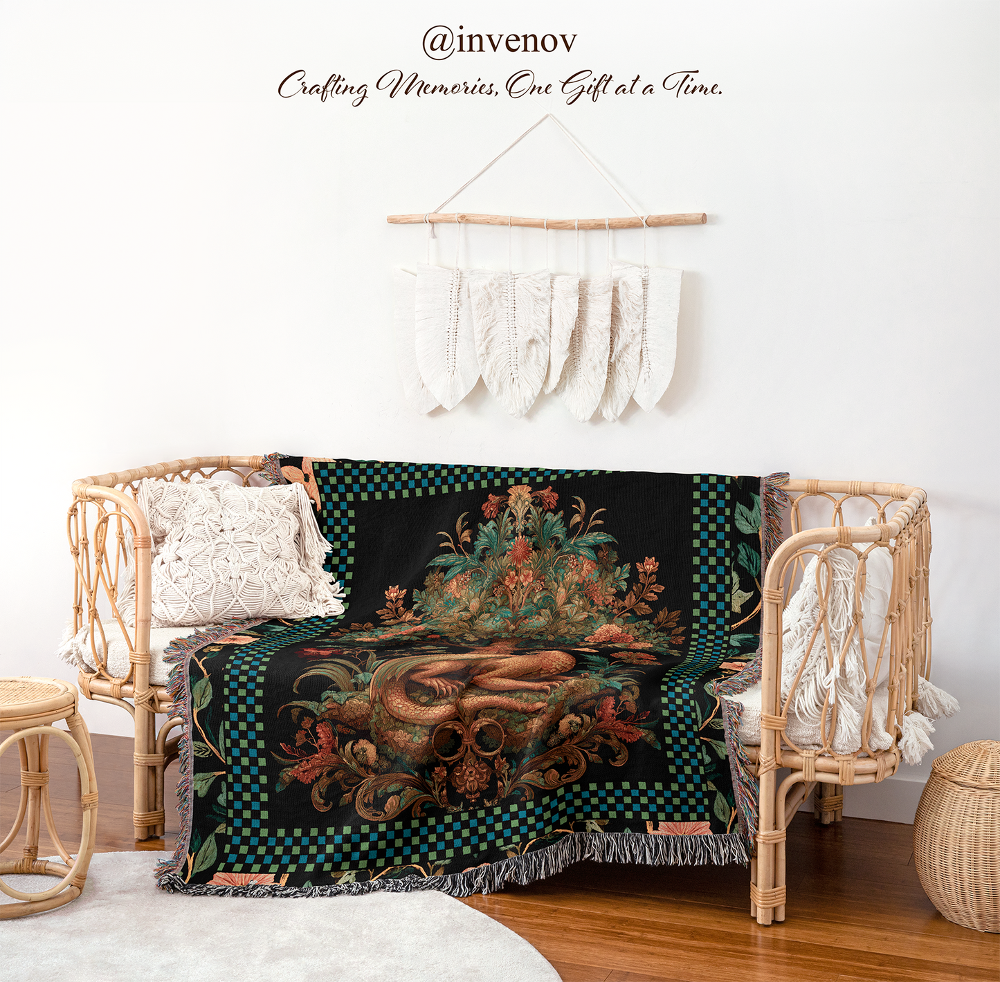 Decorative blanket with floral design draped over a wicker chair
