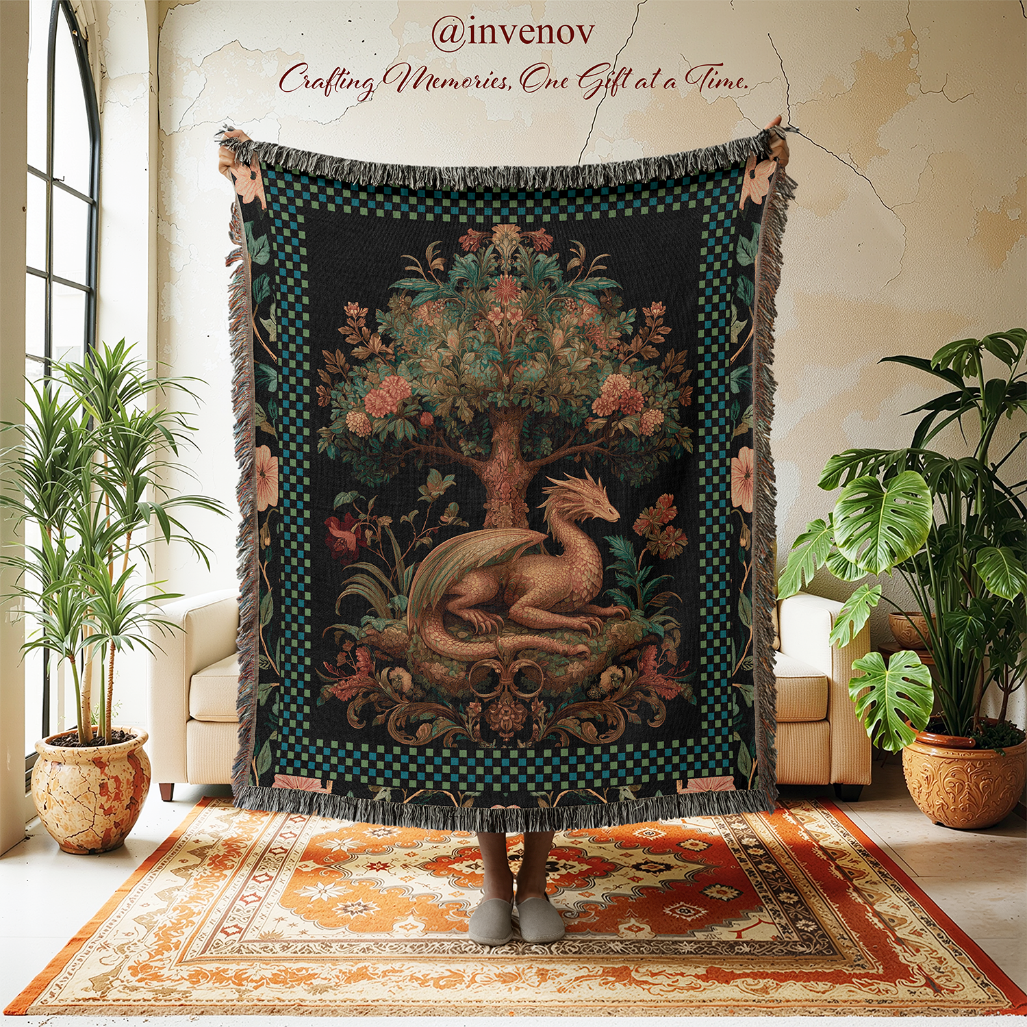 Decorative tapestry with a dragon design in a room with plants and furniture.