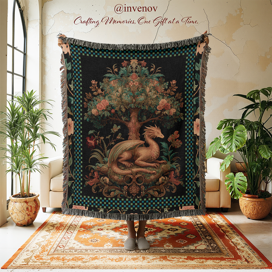 Decorative tapestry with a dragon design in a room with plants and furniture.