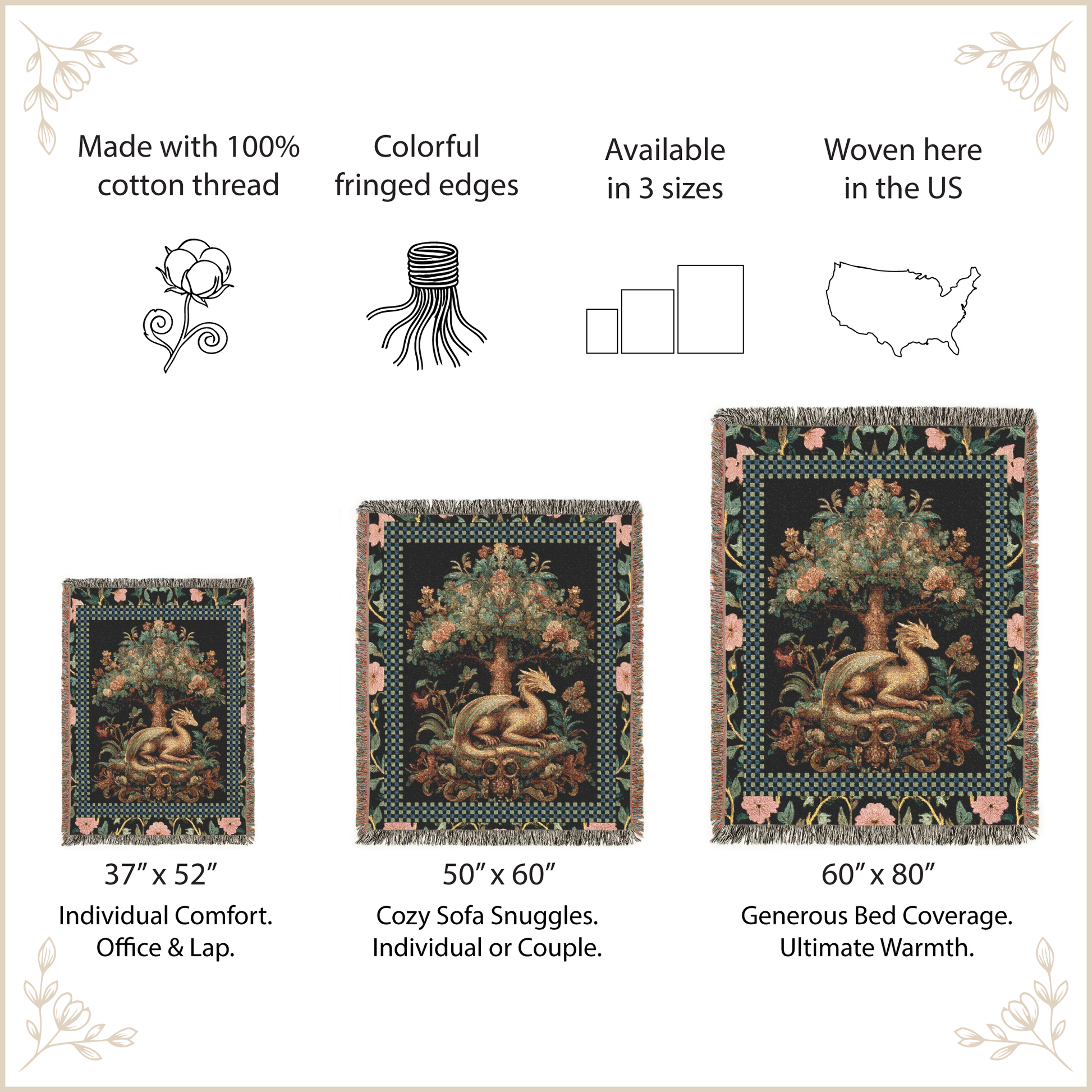 Decorative throw blanket with fringed edges, made with 100% cotton thread, available in three sizes, woven in the US.