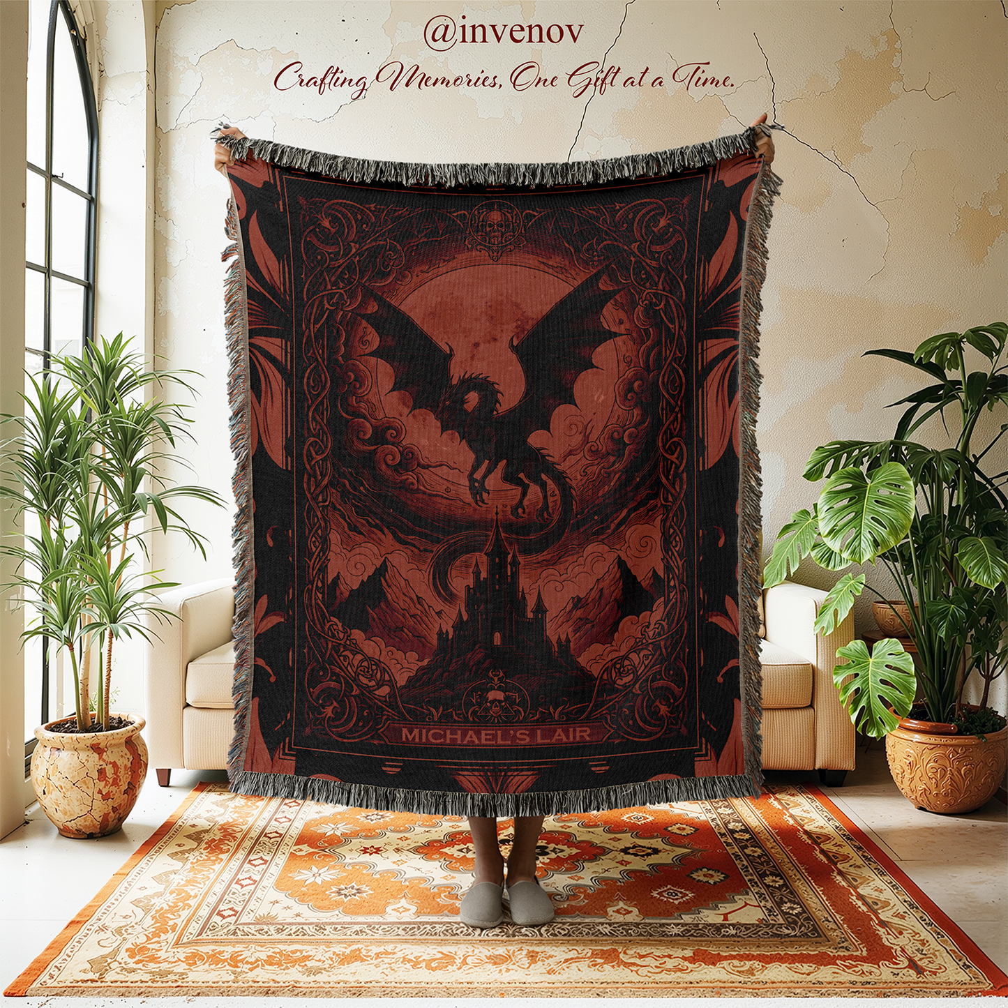 Decorative blanket with dragon design in a room with plants and furniture.