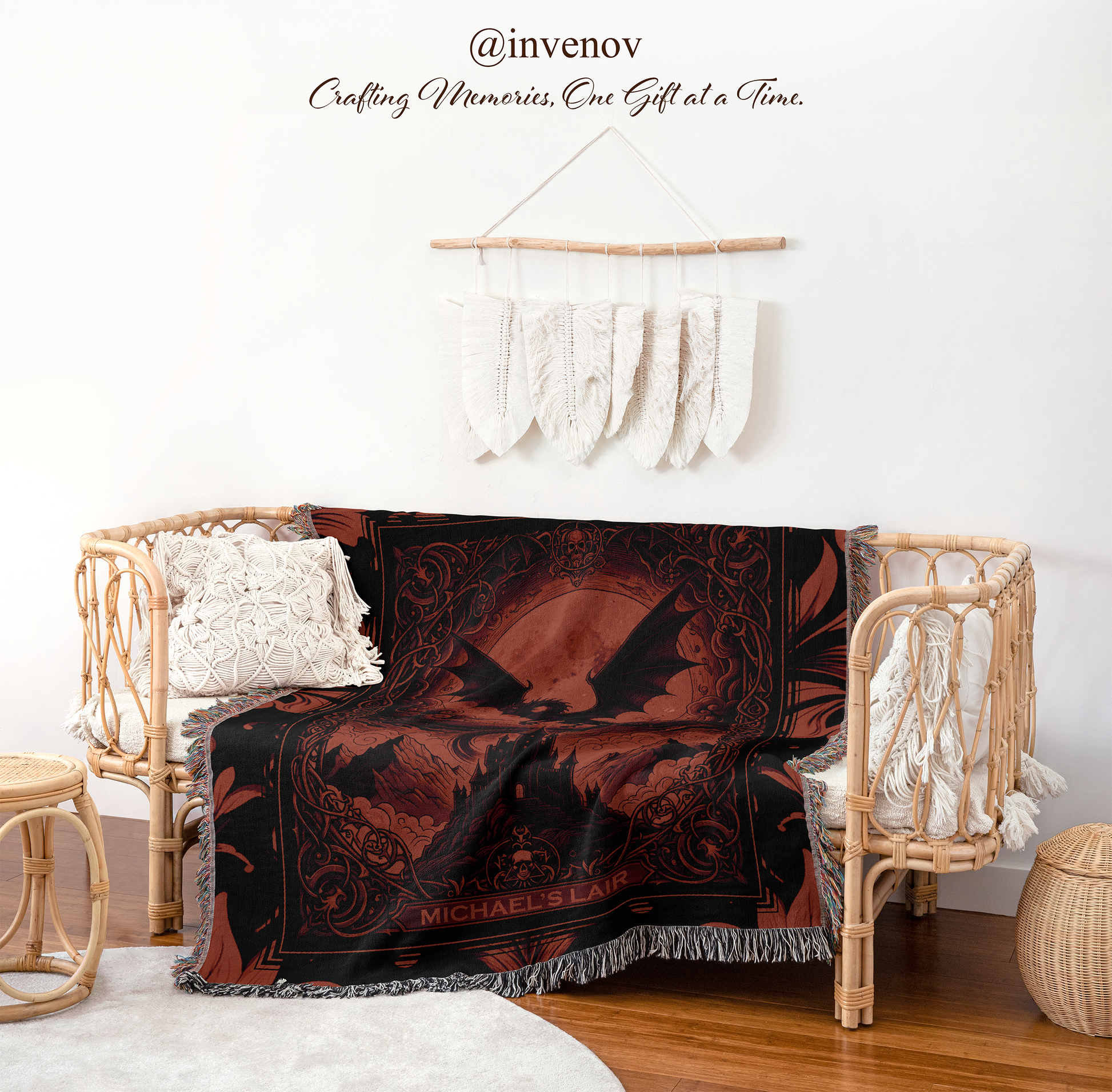 Decorative blanket with intricate design draped over a chair in a room with wicker furniture and white walls.