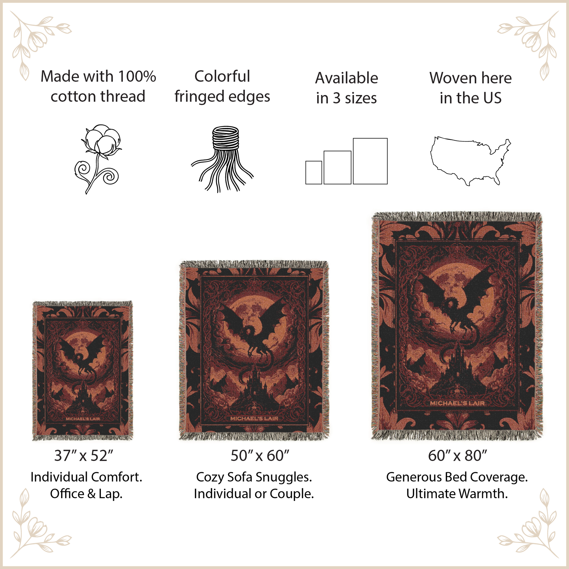 Woven blanket with decorative design, size options, and features listed on a beige background.
