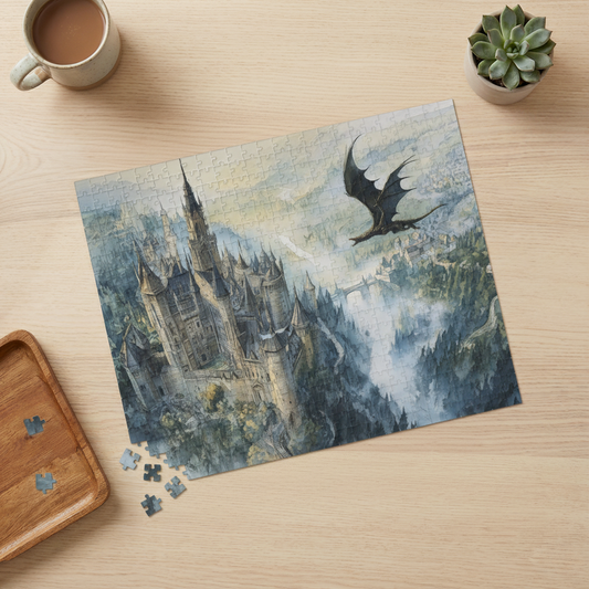 Fantasy Dragon Jigsaw Puzzle, Epic Castle Landscape, Board Gamer Gift, Watercolor Fairytale Art, Adventurecore Decor, Adult Brain Teaser