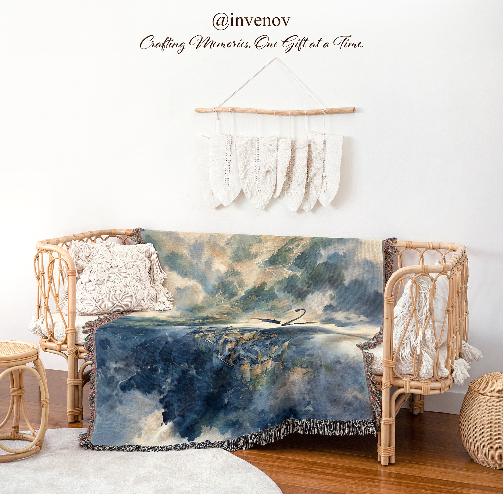 Blue and green abstract patterned throw blanket draped over a wicker chair 