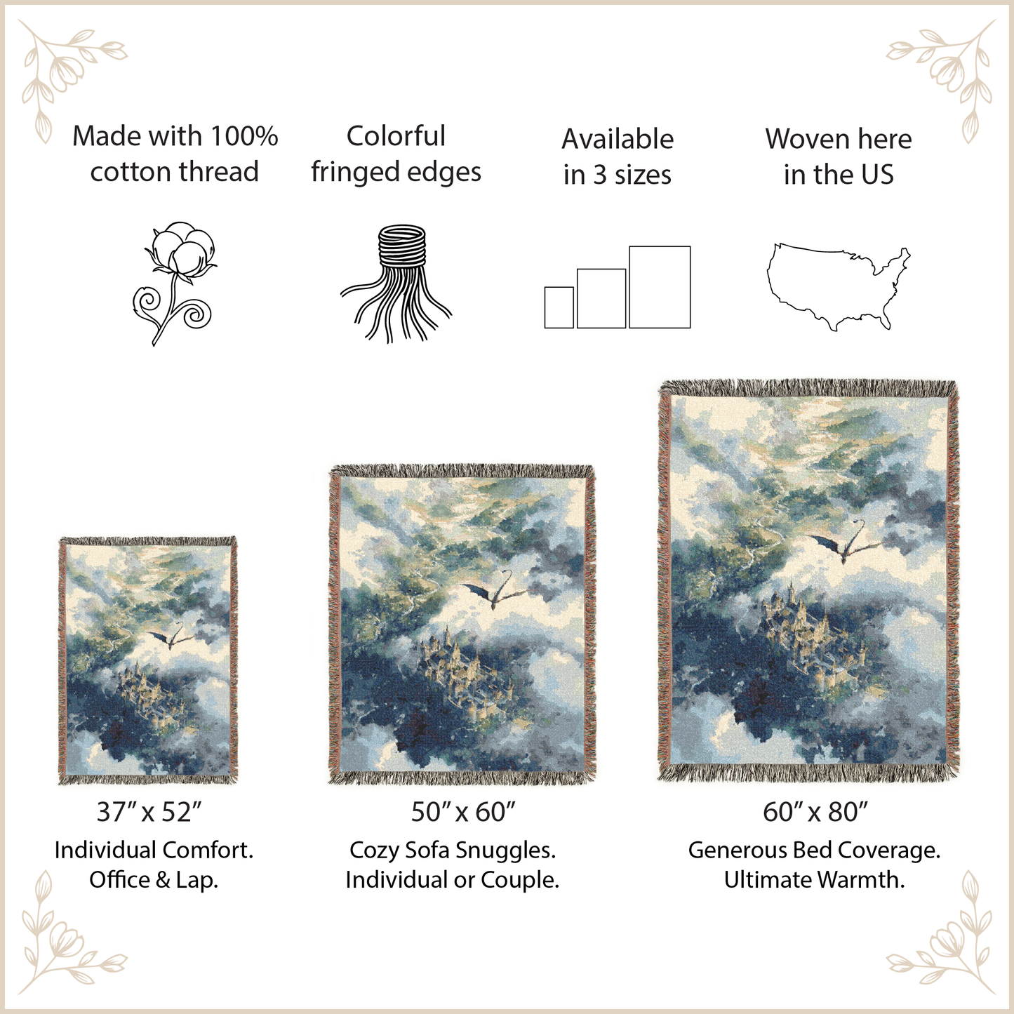 Woven blanket with scenic design, size options, and features listed on a beige background.