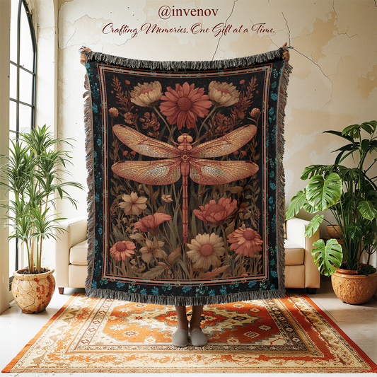 Decorative tapestry with floral and dragonfly design held by a person in a room with plants and furniture.