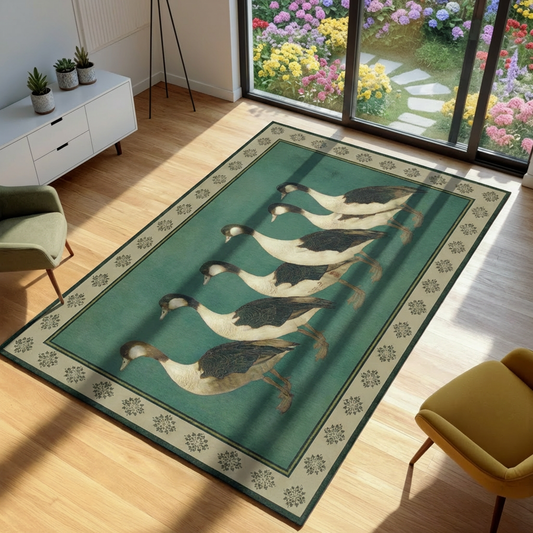 Decorative rug with goose design on a wooden floor in a room with a garden view.