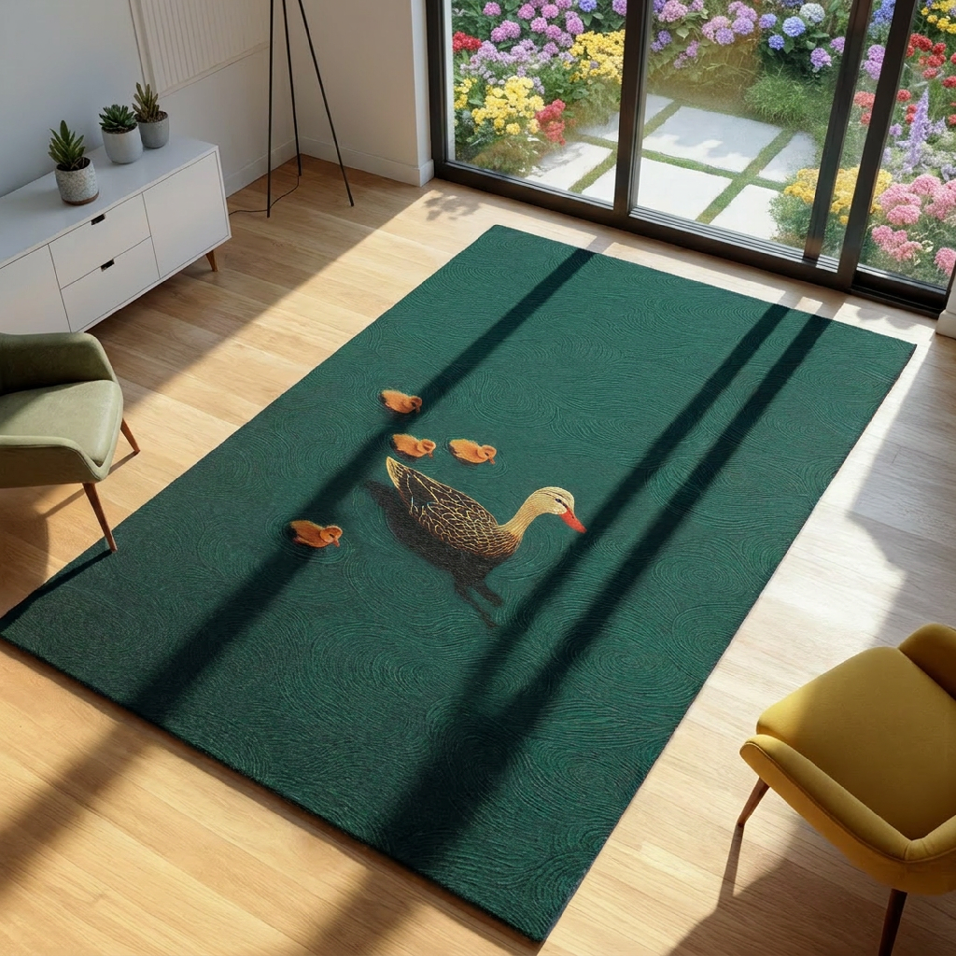 Green rug with duck design in a room with wooden floor and sliding glass door showing garden view.