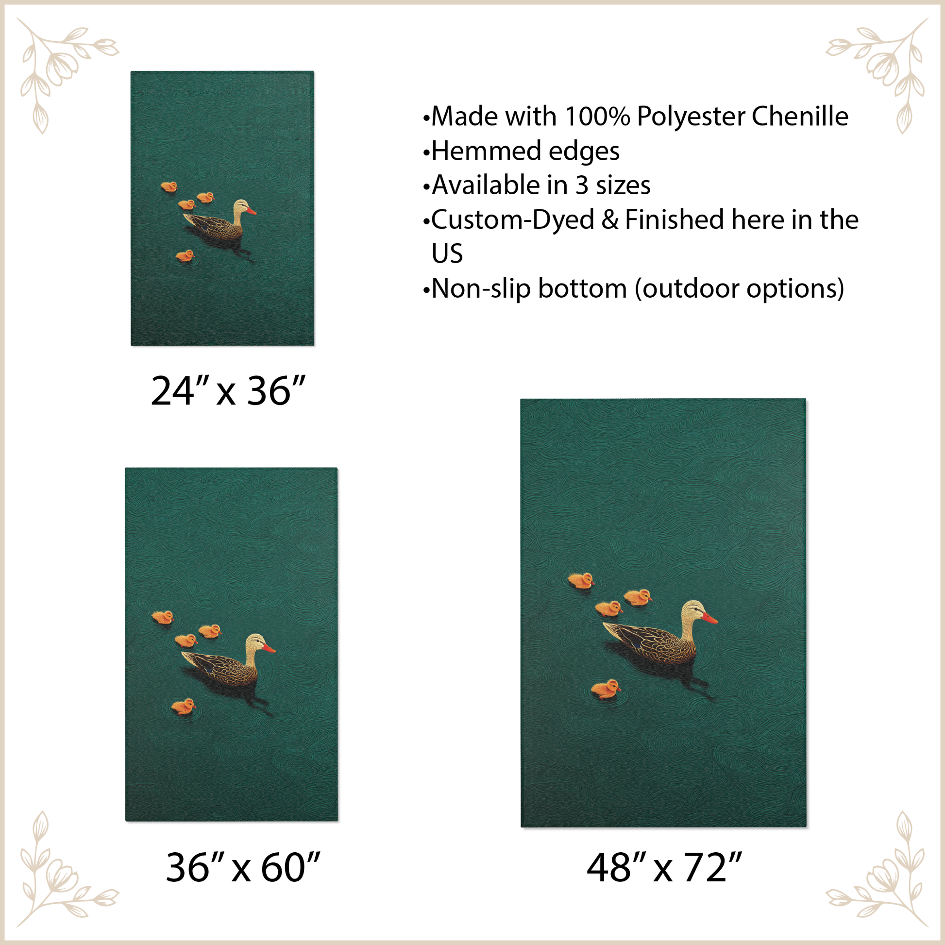 Area rug with duck designs and size specifications on a white background