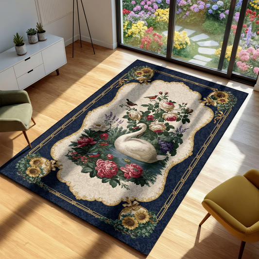area rug with swan and floral designs