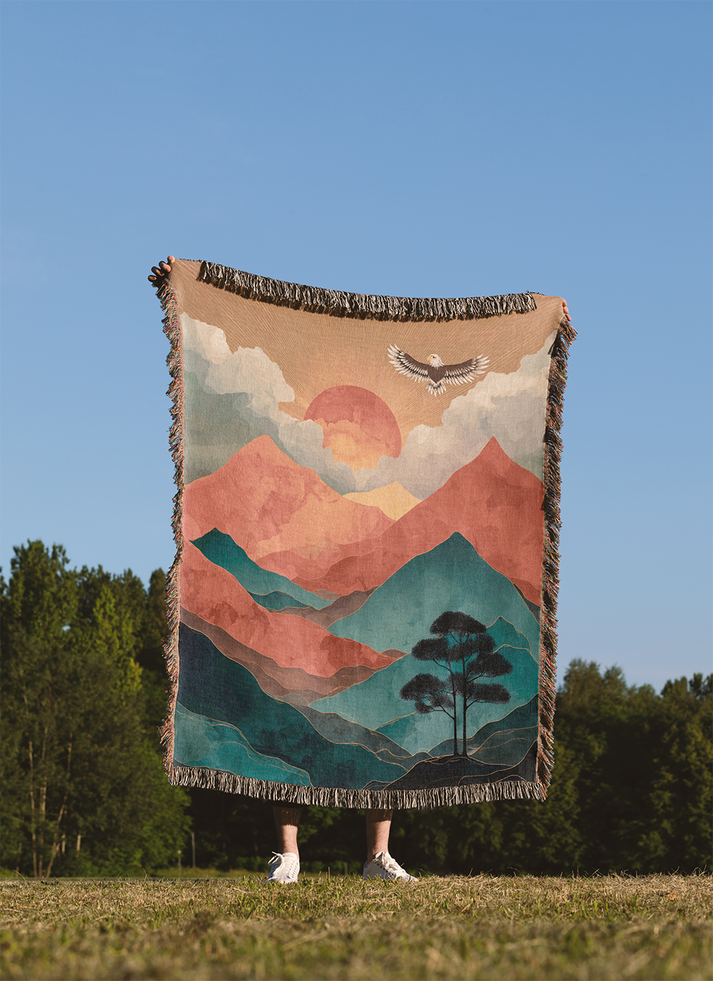 Mountain Woven Blanket, Eagle Tapestry Wall Hanging, Boho Sunset Landscape Jacquard Throw, Rustic Cabin Decor, Artistic Nature Lover Gift