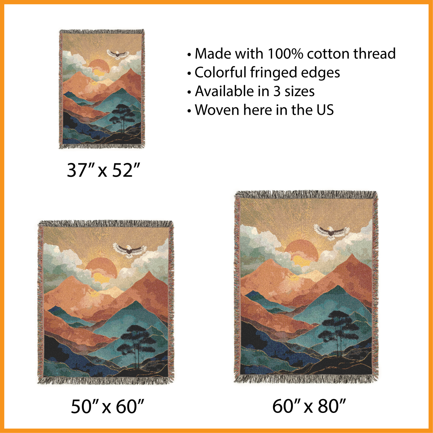 Mountain Woven Blanket, Eagle Tapestry Wall Hanging, Boho Sunset Landscape Jacquard Throw, Rustic Cabin Decor, Artistic Nature Lover Gift