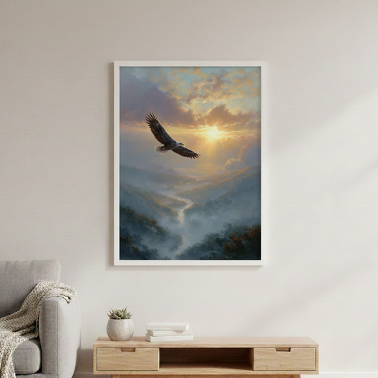 Majestic Eagle at Sunrise Canvas or Poster Print, Oil Painting Style Print, Misty Mountain Landscape Artwork, Inspirational Home Decor