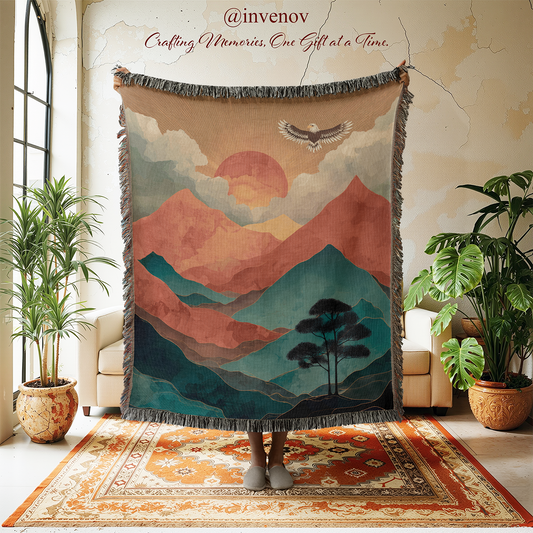 Decorative tapestry with mountain and sunset design in a room with plants and furniture.