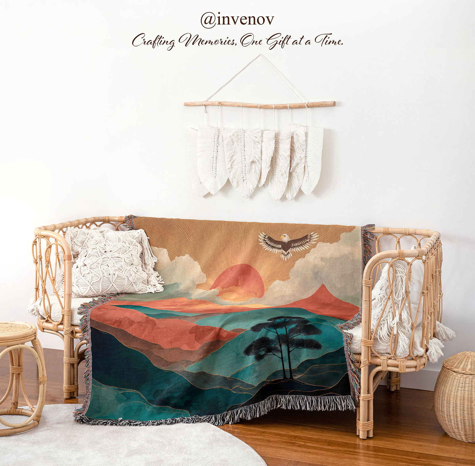 Decorative blanket with a nature design draped over a wicker chair