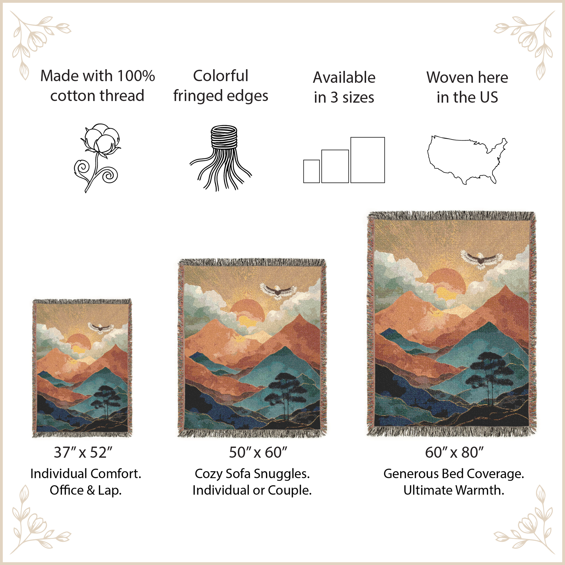 Woven blanket with mountain design, size options, and features listed.