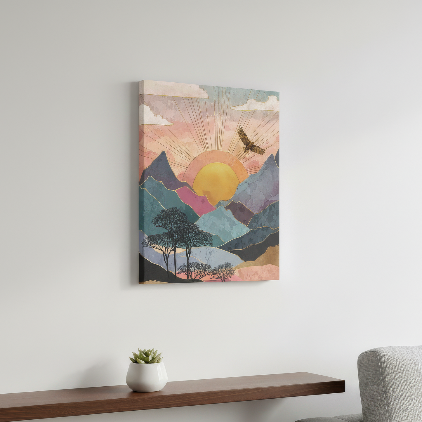 Boho Eagle Sunrise Canvas, Abstract Mountain Art Poster Print, Artistic Eagle Flying Over Mountain Wall Decor, Pastel Landscape Poster