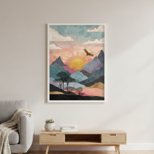 Boho Eagle Sunrise Canvas, Abstract Mountain Art Poster Print, Artistic Eagle Flying Over Mountain Wall Decor, Pastel Landscape Poster