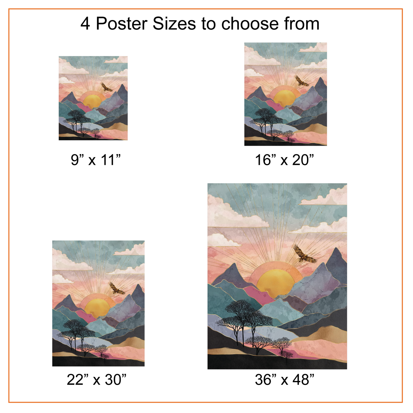 Boho Eagle Sunrise Canvas, Abstract Mountain Art Poster Print, Artistic Eagle Flying Over Mountain Wall Decor, Pastel Landscape Poster